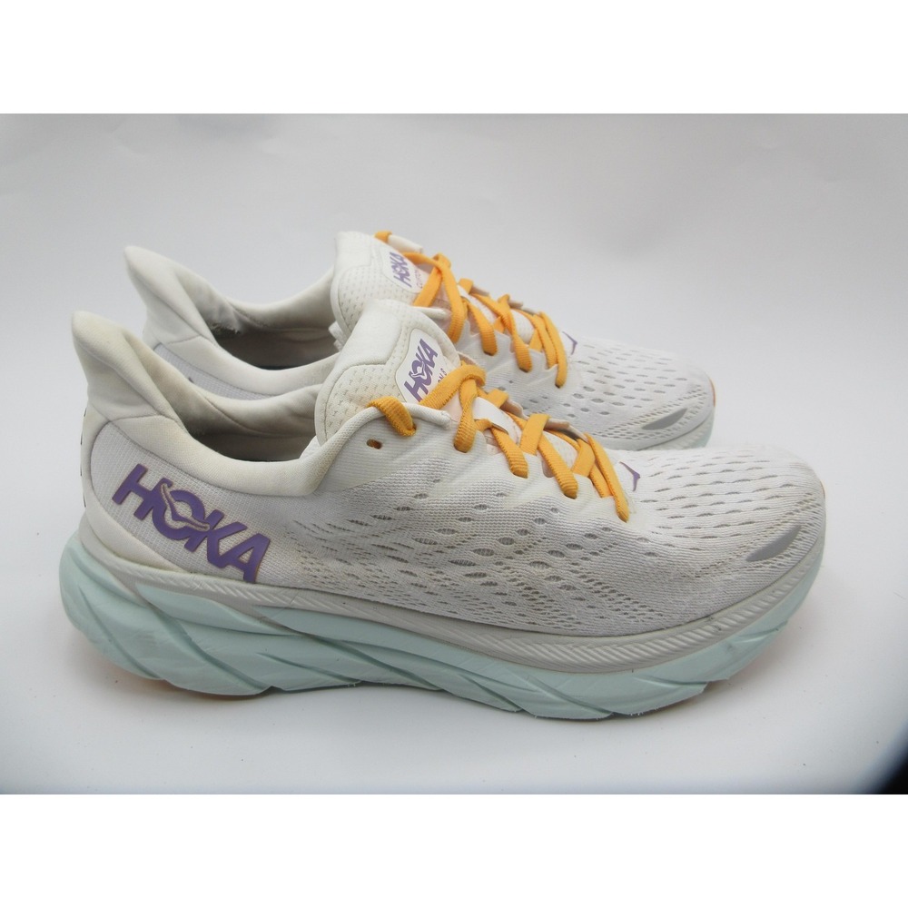 Hoka One Clifton 8 Womens Size 9.5 White Orange Running Shoes Sneakers 1119394